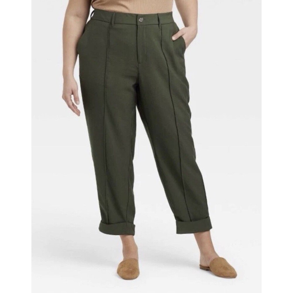 A New Day Slim Straight Leg Pintuck Ankle Pants High Rise Olive Green Size 18